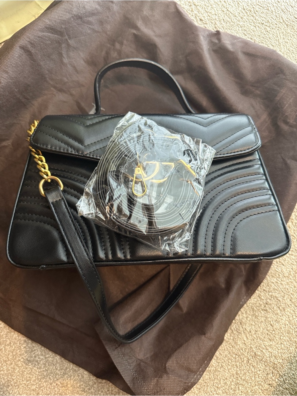 Quilted Black Crossbody top handle Bag with Gold Hardware